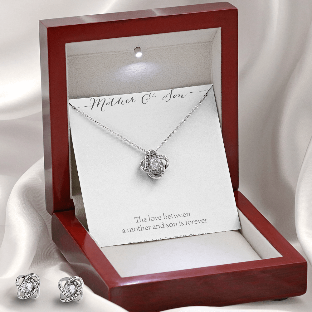 Gifts for Mom - Mother and Son Necklace & Earrings - Boy Mom Gift - Love Knot Charm - Infinite Love Jewelry - 14k White Gold - Adjustable Length Mahogany Style Luxury Box