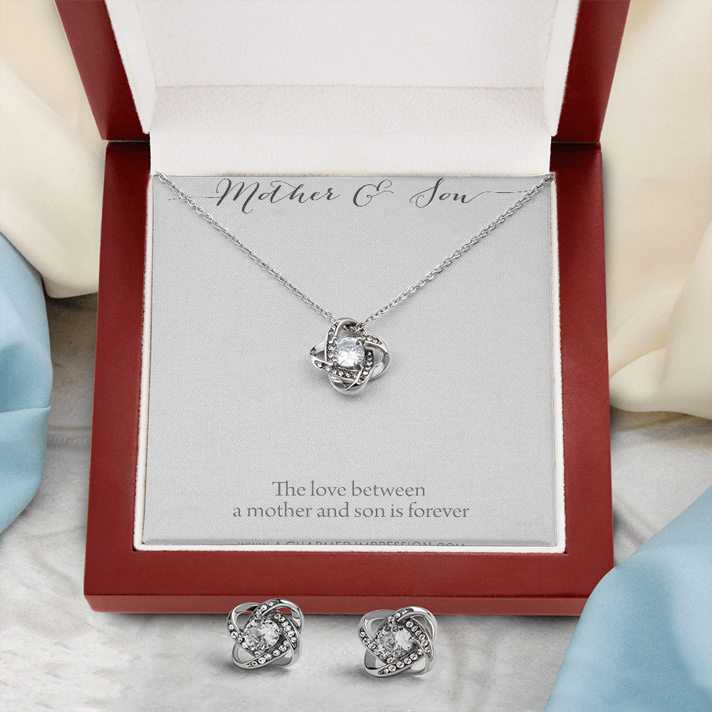 Gifts for Mom - Mother and Son Necklace & Earrings - Boy Mom Gift - Love Knot Charm - Infinite Love Jewelry - 14k White Gold - Adjustable Length Mahogany Style Luxury Box