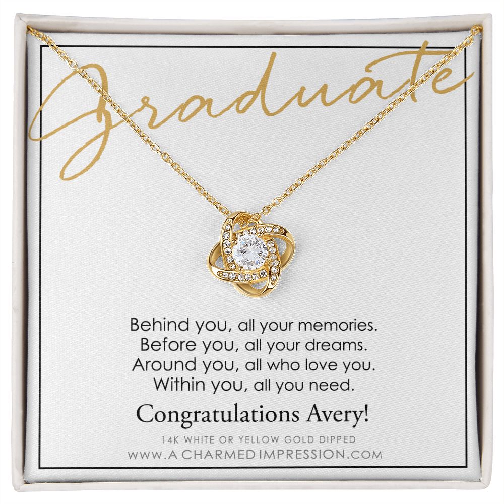 Personalized Graduation Gift, Behind You and Before You Message Card, Celebration Present - Love Knot Necklace