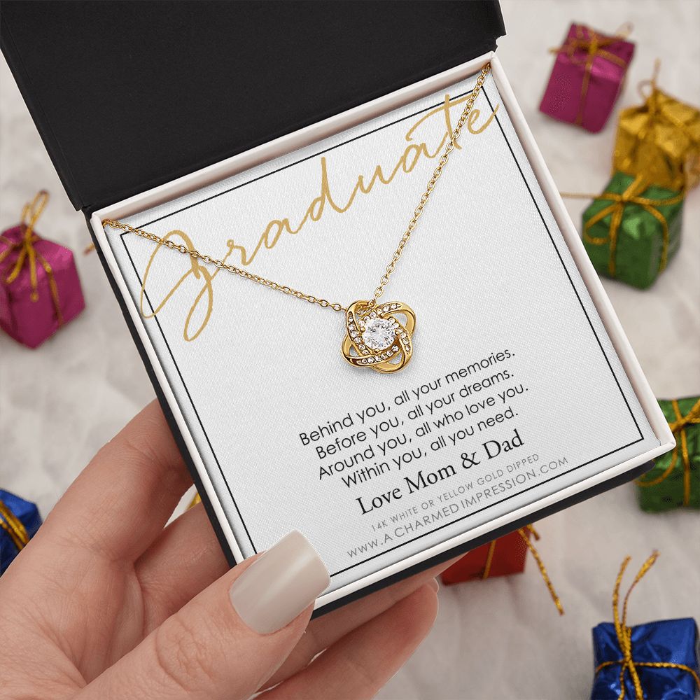 Personalized Graduation Necklace, Behind You and Before You Message Card, Celebration Present  - Love Knot Necklace