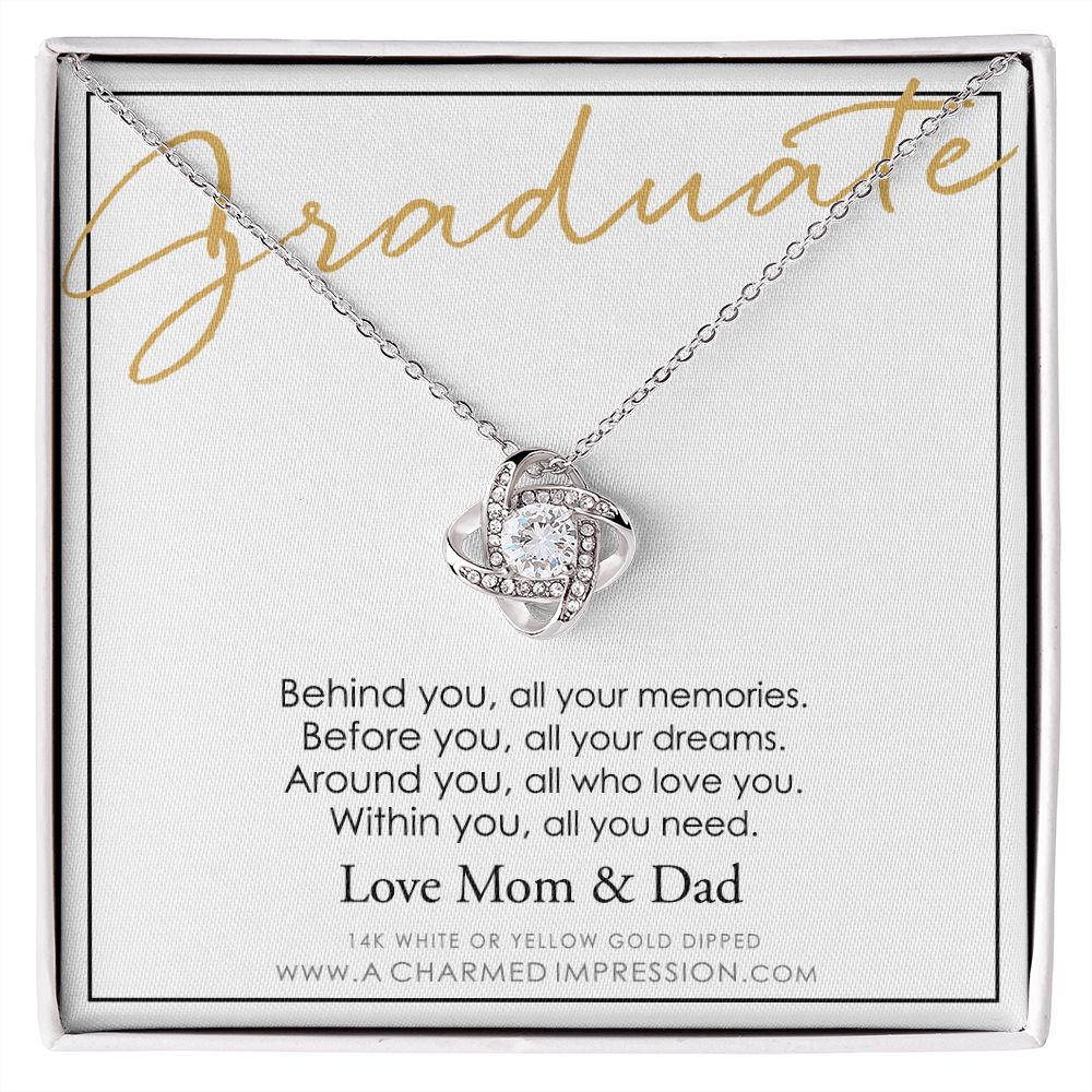 Personalized Graduation Necklace, Behind You and Before You Message Card, Celebration Present  - Love Knot Necklace
