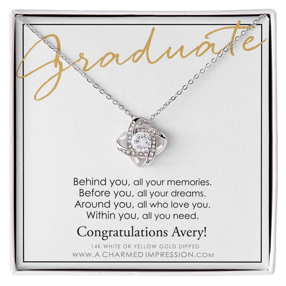 Personalized Graduation Gift, Behind You and Before You Message Card, Celebration Present - Love Knot Necklace