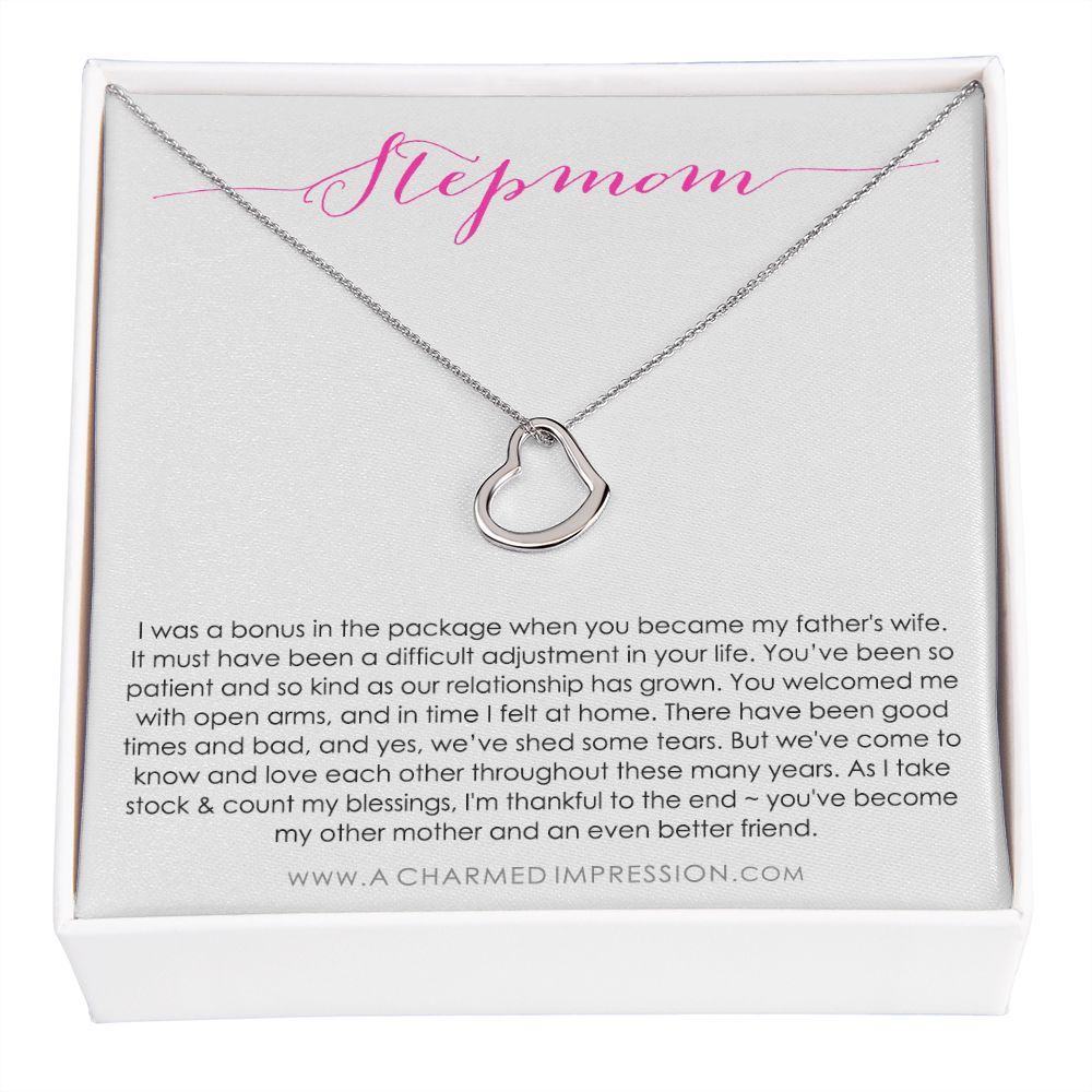 Bonus Mom Gift Necklace, Present for Stepmom for Mother's Day, Christmas, Birthday, Symbolic Ribbon Setting  - Delicate Heart Necklace