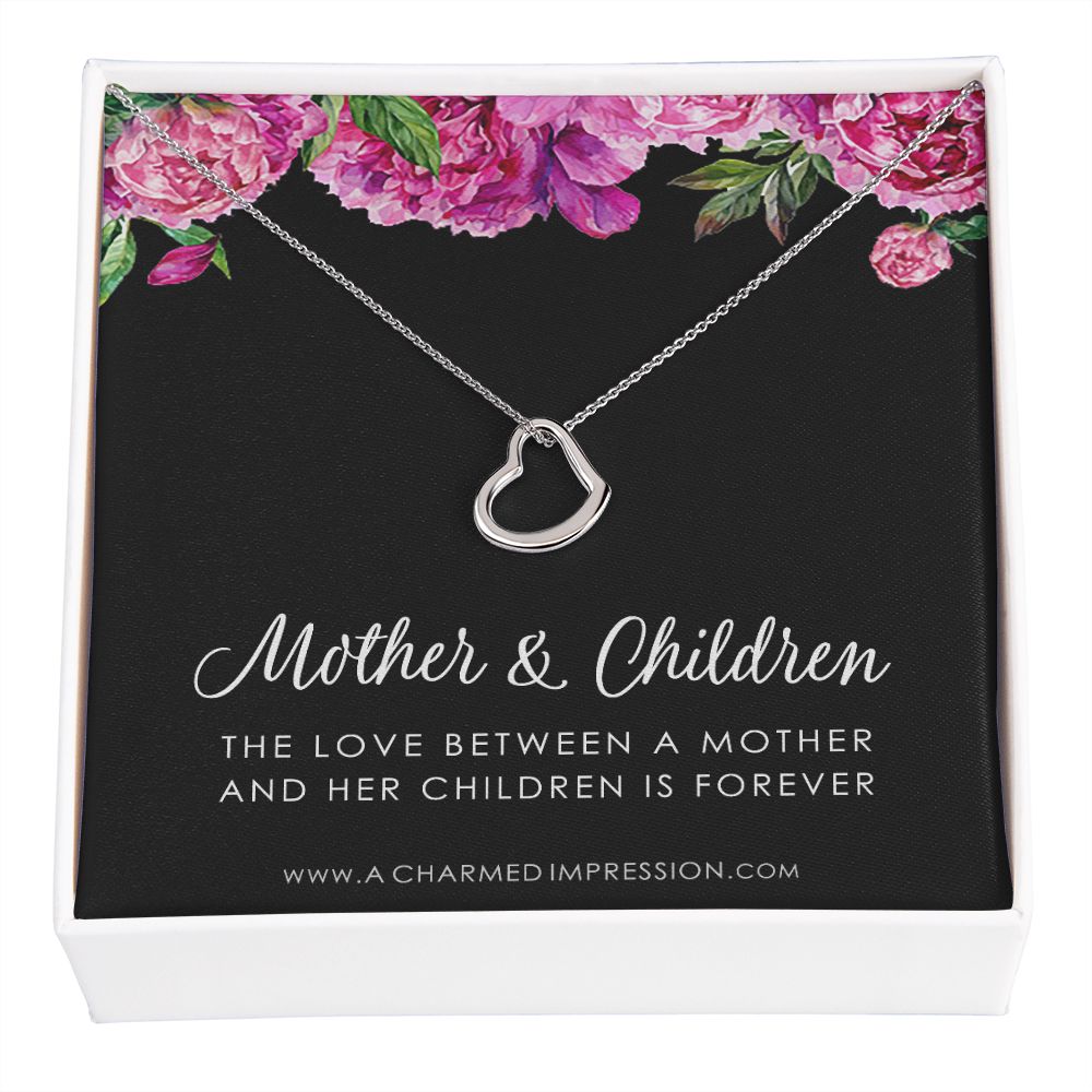Mother and Children Necklace, Gifts for Mom Jewelry, Family Necklace, Mother Daughter Necklace, Mother's Day Birthday - Delicate Heart Necklace