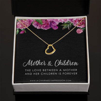 Mother and Children Necklace, Gifts for Mom Jewelry, Family Necklace, Mother Daughter Necklace, Mother's Day Birthday - Delicate Heart Necklace
