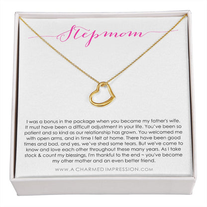 Bonus Mom Gift Necklace, Present for Stepmom for Mother's Day, Christmas, Birthday, Symbolic Ribbon Setting  - Delicate Heart Necklace