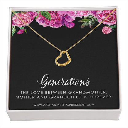 Three Generations of Love • Grandmother, Mother, Daughter/Son Jewelry • Gift for Mom Grandma Grandchild, Nana Jewelry - Delicate Heart Necklace