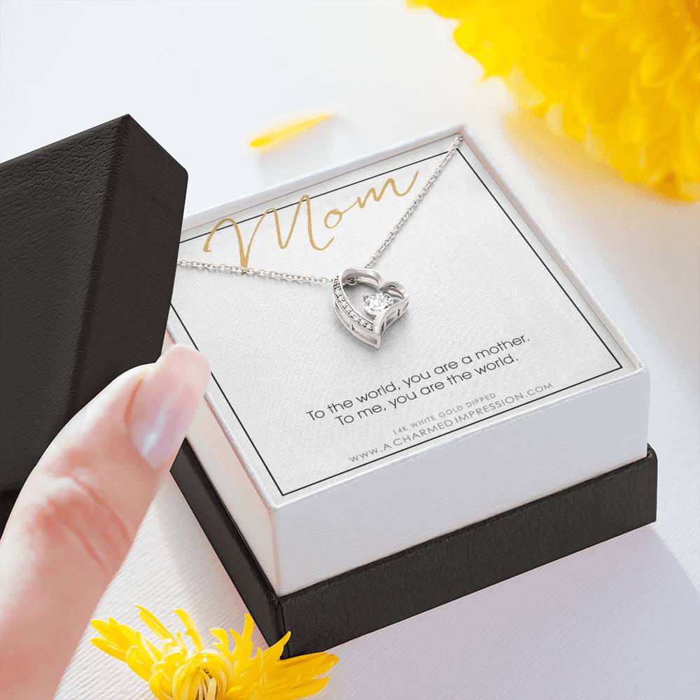 Mother Gift Necklace, Mother's Day Gift, Gifts for Mom, Mom Necklace, CZ Love Knot, Mom You Are the World
