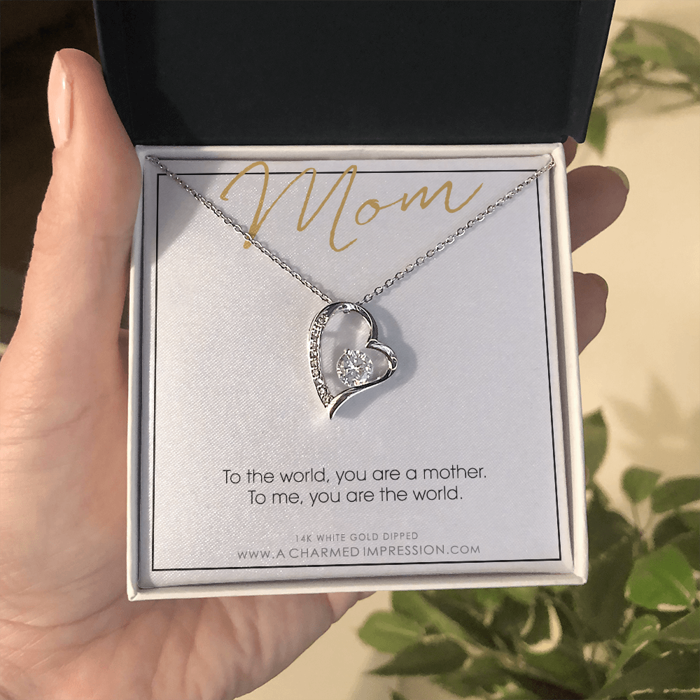 Mother Gift Necklace, Mother's Day Gift, Gifts for Mom, Mom Necklace, CZ Love Knot, Mom You Are the World