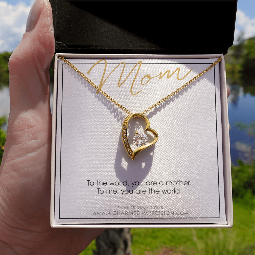 Mother Gift Necklace, Mother's Day Gift, Gifts for Mom, Mom Necklace, CZ Love Knot, Mom You Are the World