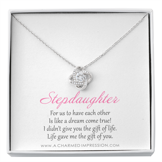 Stepdaughter Gifts from Stepmom Stepdad, Birthday Gifts for Daughter from Mom Dad, Stepdaughter Necklace, Unbiological Daughter Gift - Love Knot Necklace