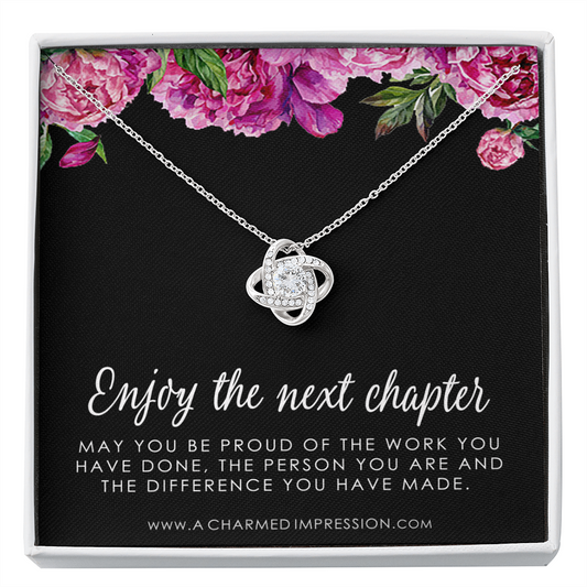 Retirement Gifts for Women, Enjoy the Next Chapter New Job, Promotion, Service Appreciation, Retirement Gift for Her, Love Knot CZ Diamond Necklace