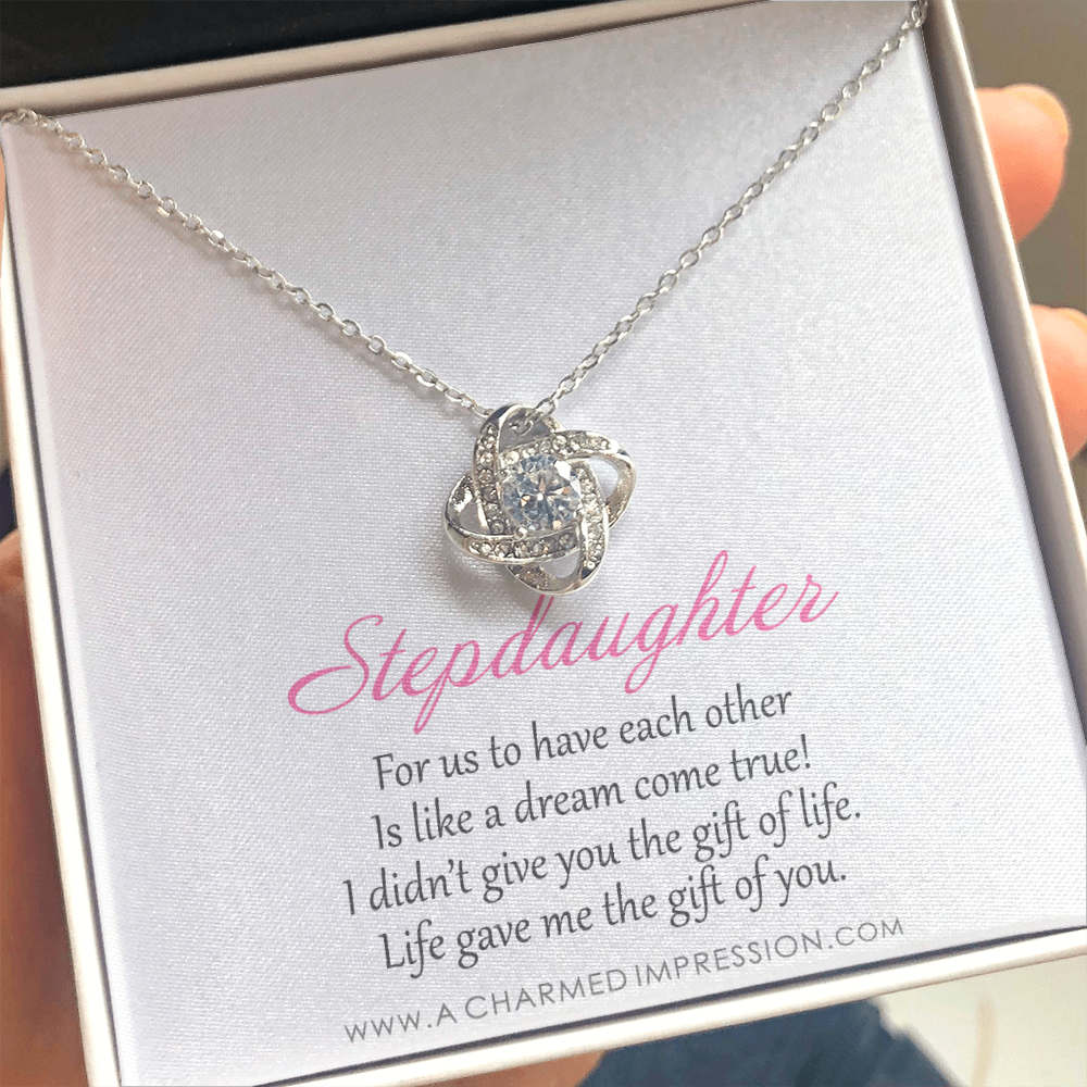 Stepdaughter Gifts from Stepmom Stepdad, Birthday Gifts for Daughter from Mom Dad, Stepdaughter Necklace, Unbiological Daughter Gift - Love Knot Necklace