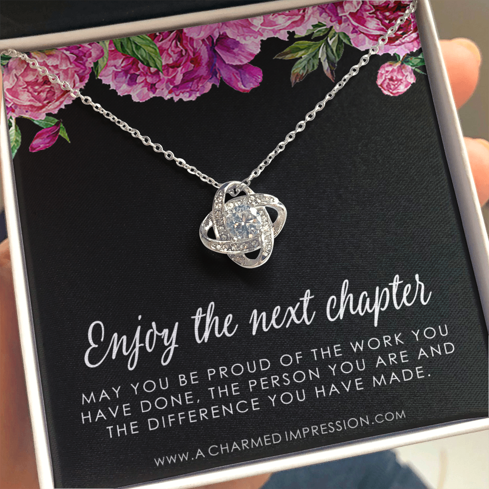 Retirement Gifts for Women, Enjoy the Next Chapter New Job, Promotion, Service Appreciation, Retirement Gift for Her, Love Knot CZ Diamond Necklace
