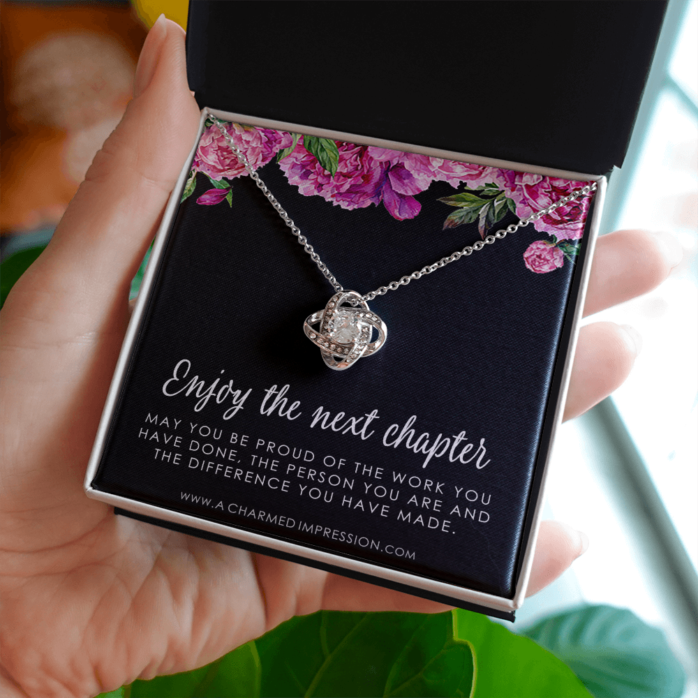 Retirement Gifts for Women, Enjoy the Next Chapter New Job, Promotion, Service Appreciation, Retirement Gift for Her, Love Knot CZ Diamond Necklace