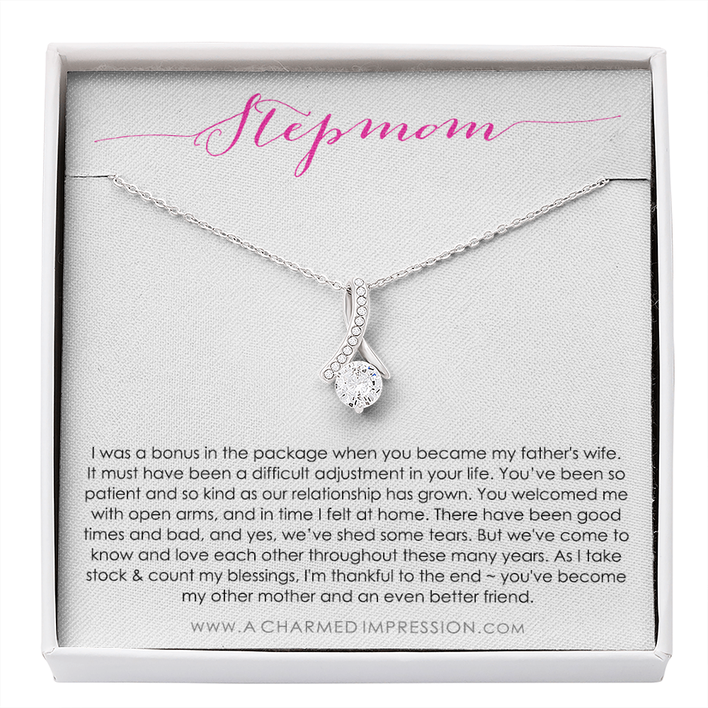 Bonus Mom Gift Necklace, Present for Stepmom for Mother's Day, Christmas, Birthday, Symbolic Ribbon Setting - Alluring Beauty