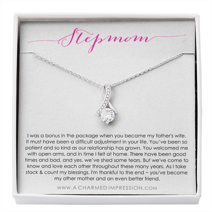 Bonus Mom Gift Necklace, Present for Stepmom for Mother's Day, Christmas, Birthday, Symbolic Ribbon Setting - Alluring Beauty