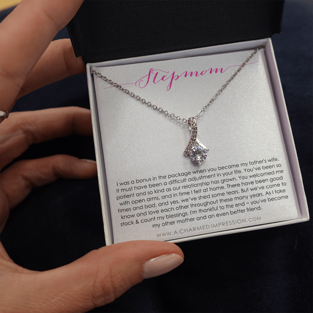Bonus Mom Gift Necklace, Present for Stepmom for Mother's Day, Christmas, Birthday, Symbolic Ribbon Setting - Alluring Beauty