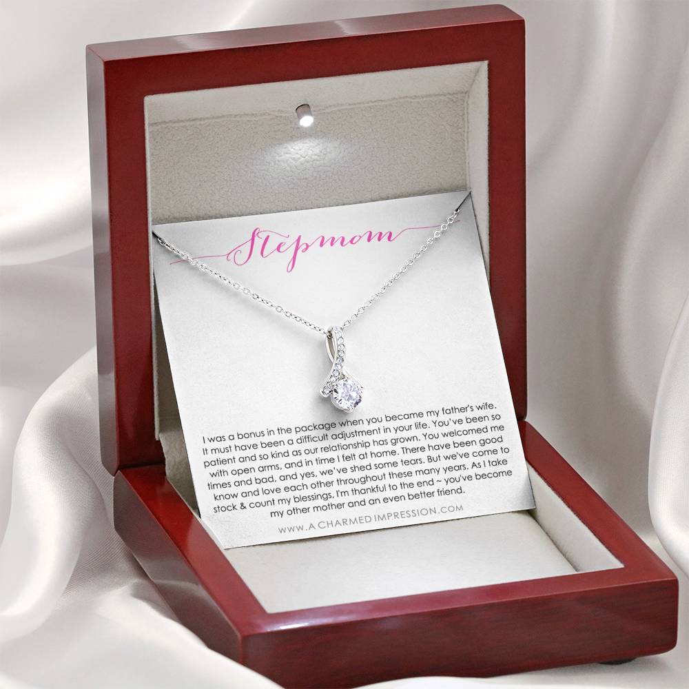 Bonus Mom Gift Necklace, Present for Stepmom for Mother's Day, Christmas, Birthday, Symbolic Ribbon Setting - Alluring Beauty