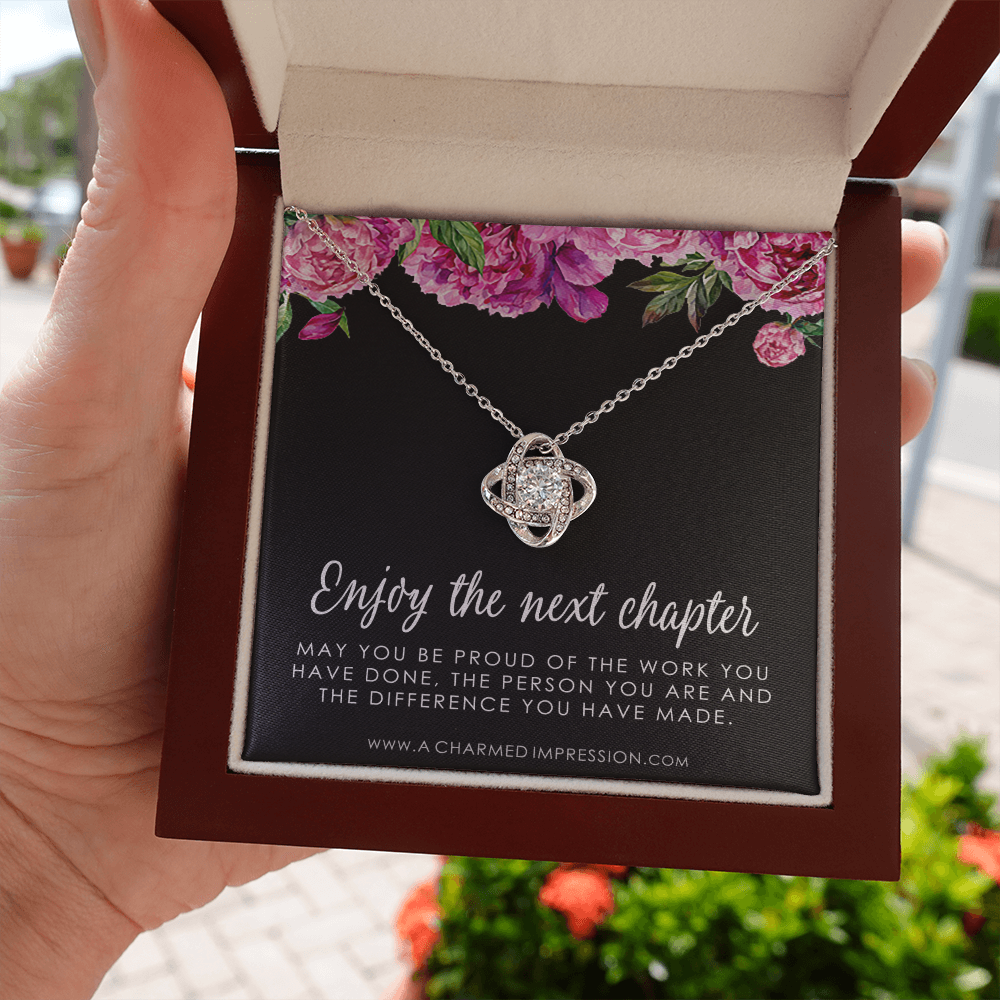 Retirement Gifts for Women, Enjoy the Next Chapter New Job, Promotion, Service Appreciation, Retirement Gift for Her, Love Knot CZ Diamond Necklace